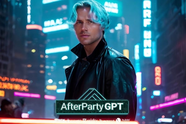 a person with blue hair and a black leather jacket in front of a neon city