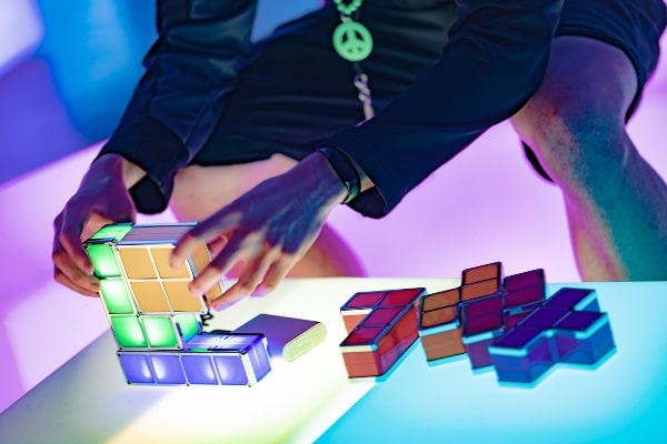 Man building with retro blocks